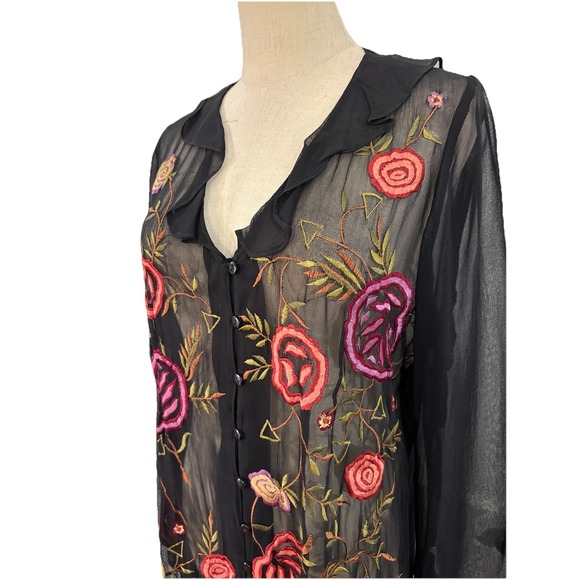 Vtg 90s Sheer Black Duster Floral Embroidered Ruffled Sleeves Sz M Whimsigoth Bo - Picture 5 of 8